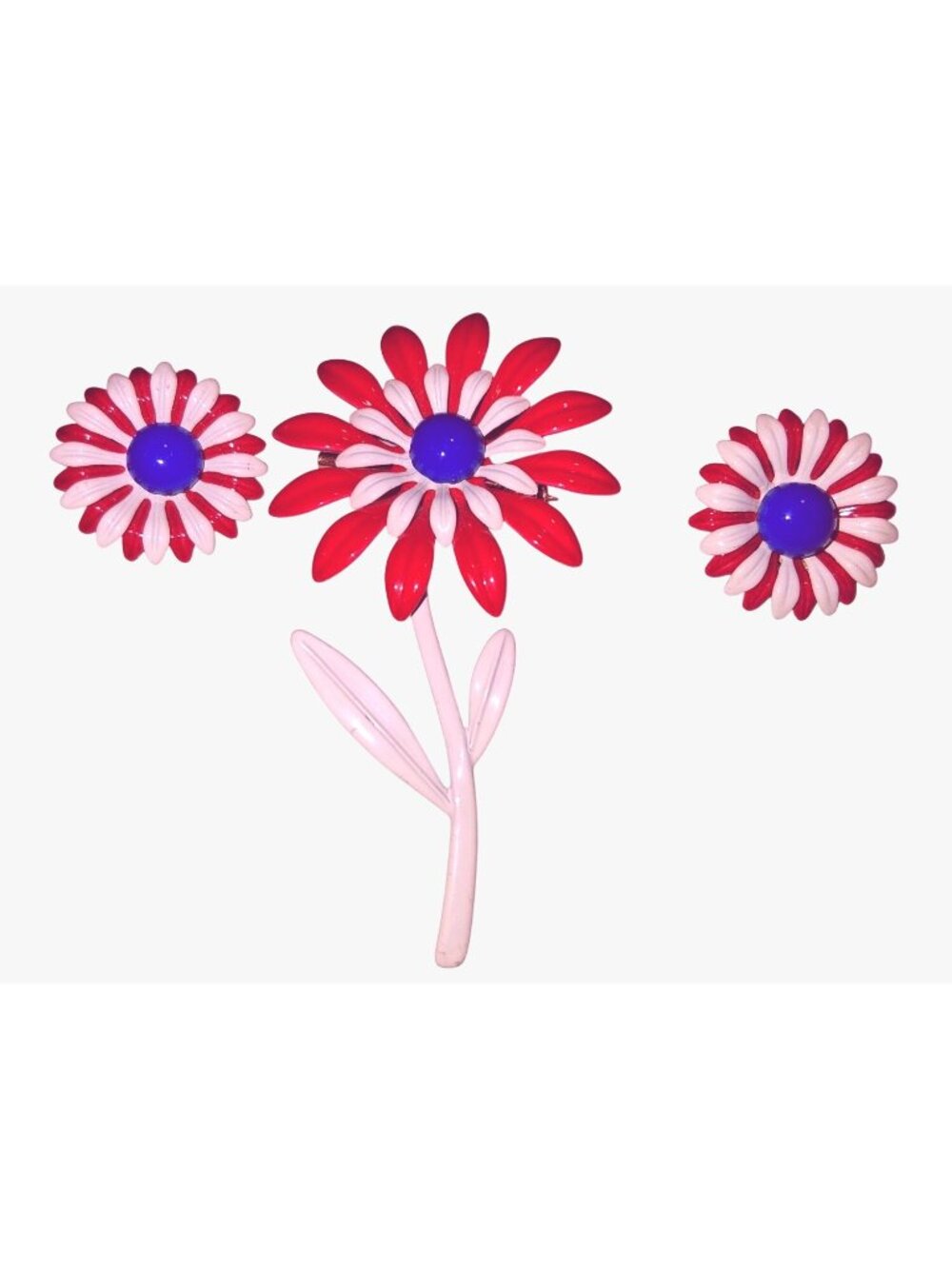 Vintage Red White & Blue Daisy Flower Pin & Clip-On Earrings Set 3" Pin 3/4" Ear